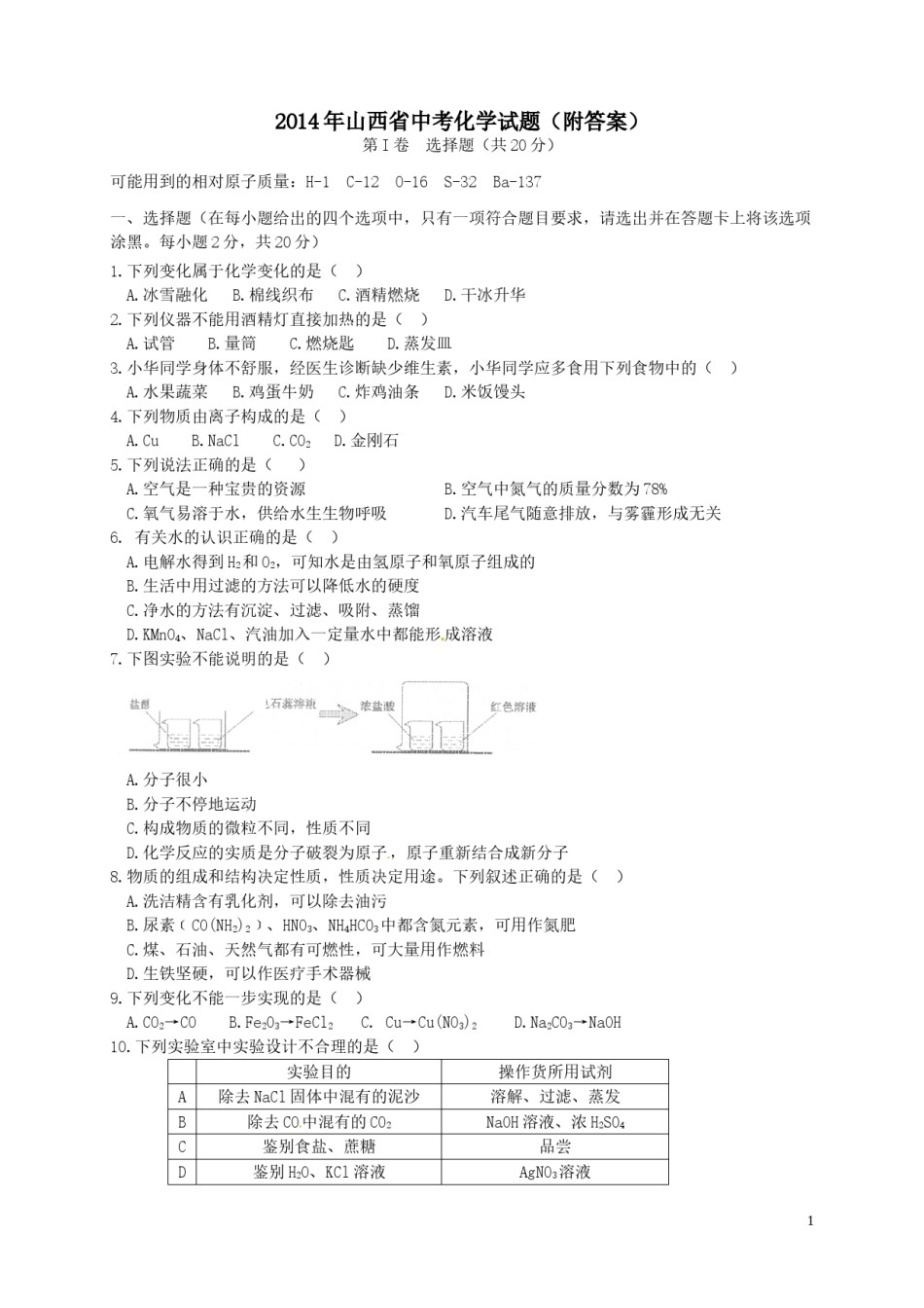 2014年山西省中考化学试题(word版含答案).doc_第1页