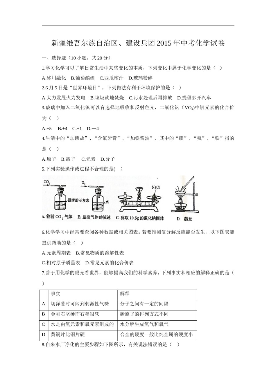 2015年新疆自治区、生产建设兵团中考化学试题及解析.doc_第1页