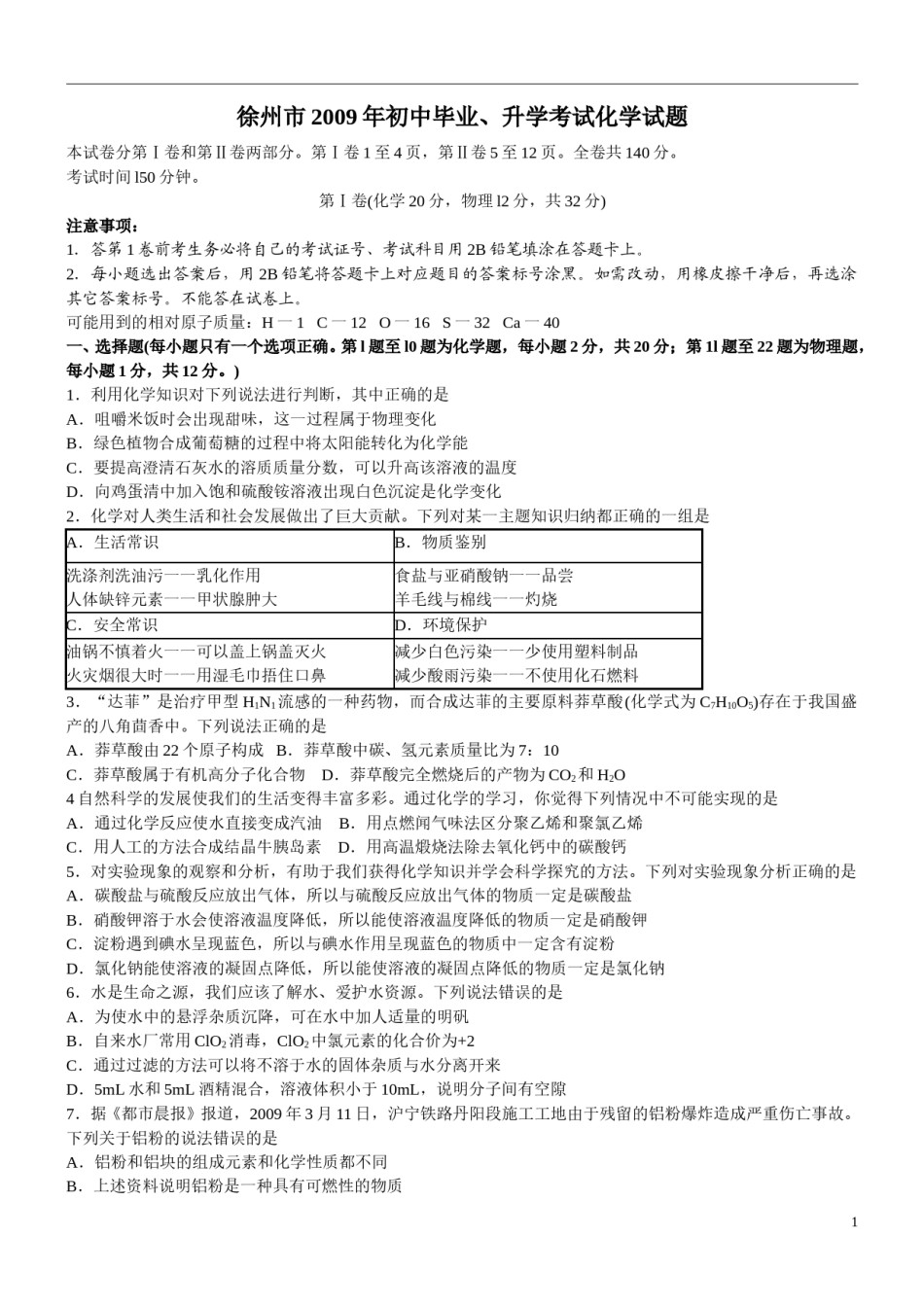 2009年江苏省徐州市中考化学试卷及答案.doc_第1页