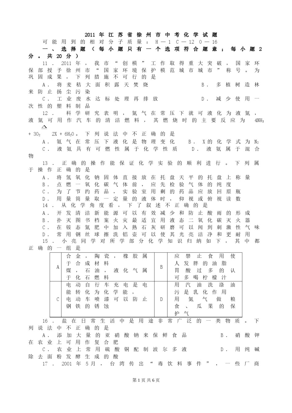 2011年江苏省徐州市中考化学试题及答案.doc_第1页