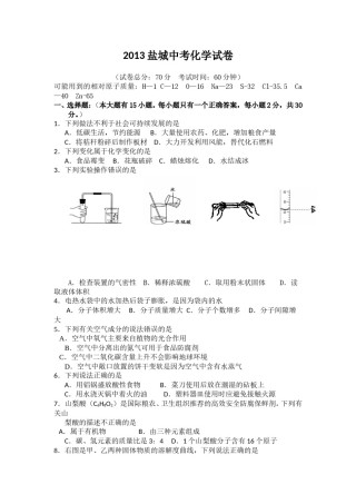 2013年盐城市中考化学试卷及答案(word版).doc