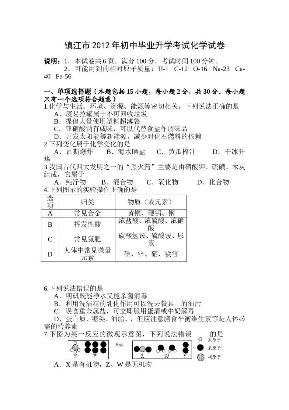 2012年江苏省镇江市中考化学试卷及答案.doc_第1页