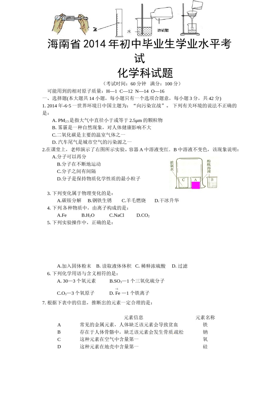 2014年海南中考化学试题及答案.doc_第1页