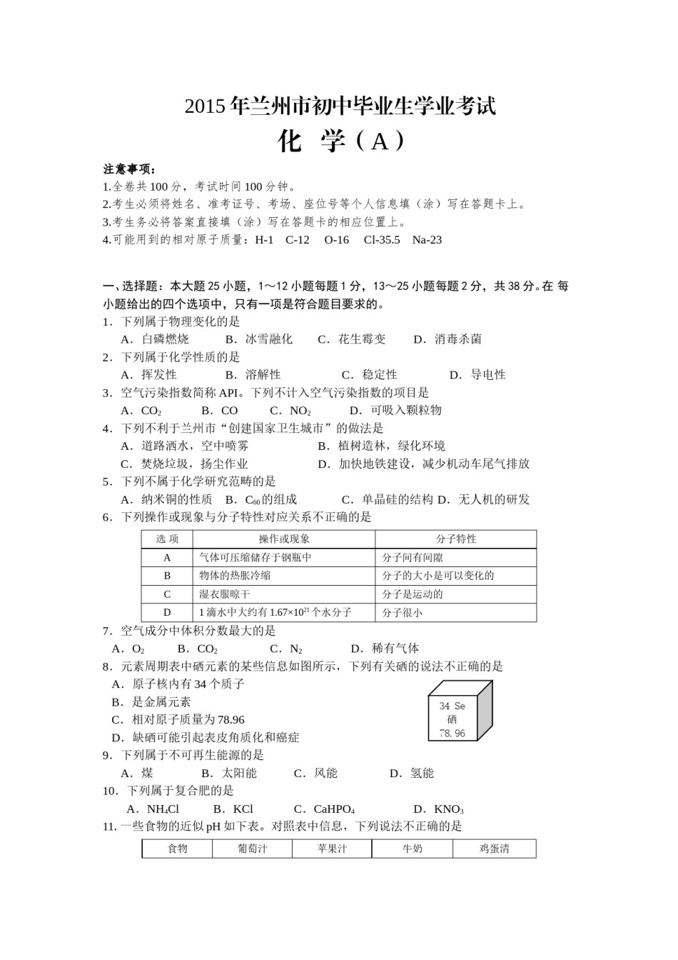 2015年甘肃省兰州市中考化学试卷(含答案).doc_第1页