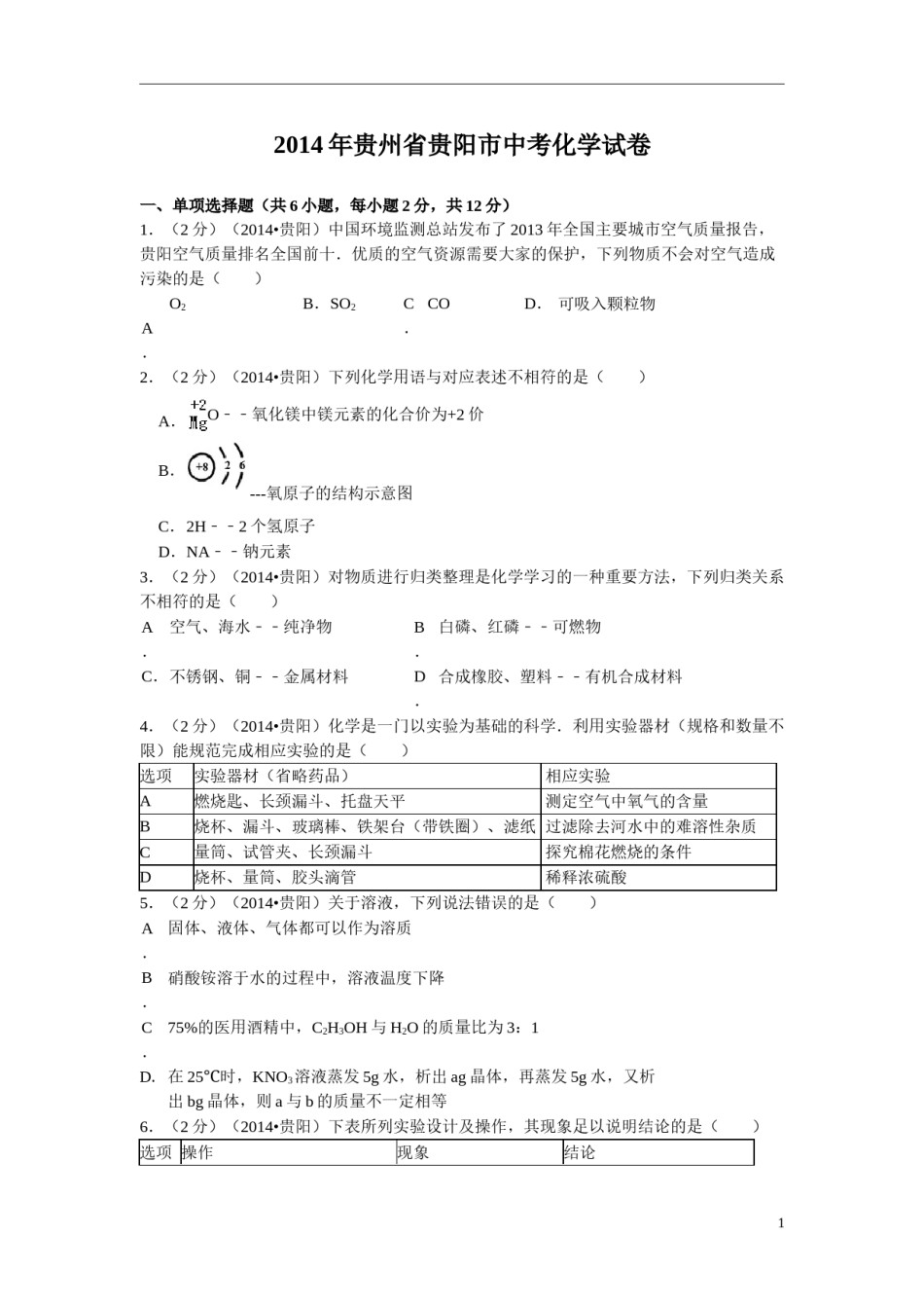 2014年贵州省贵阳市中考化学试卷及答案.doc_第1页