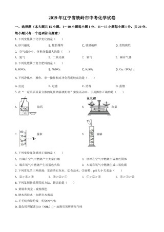 2019年辽宁省铁岭市中考化学试题（空白卷）.doc