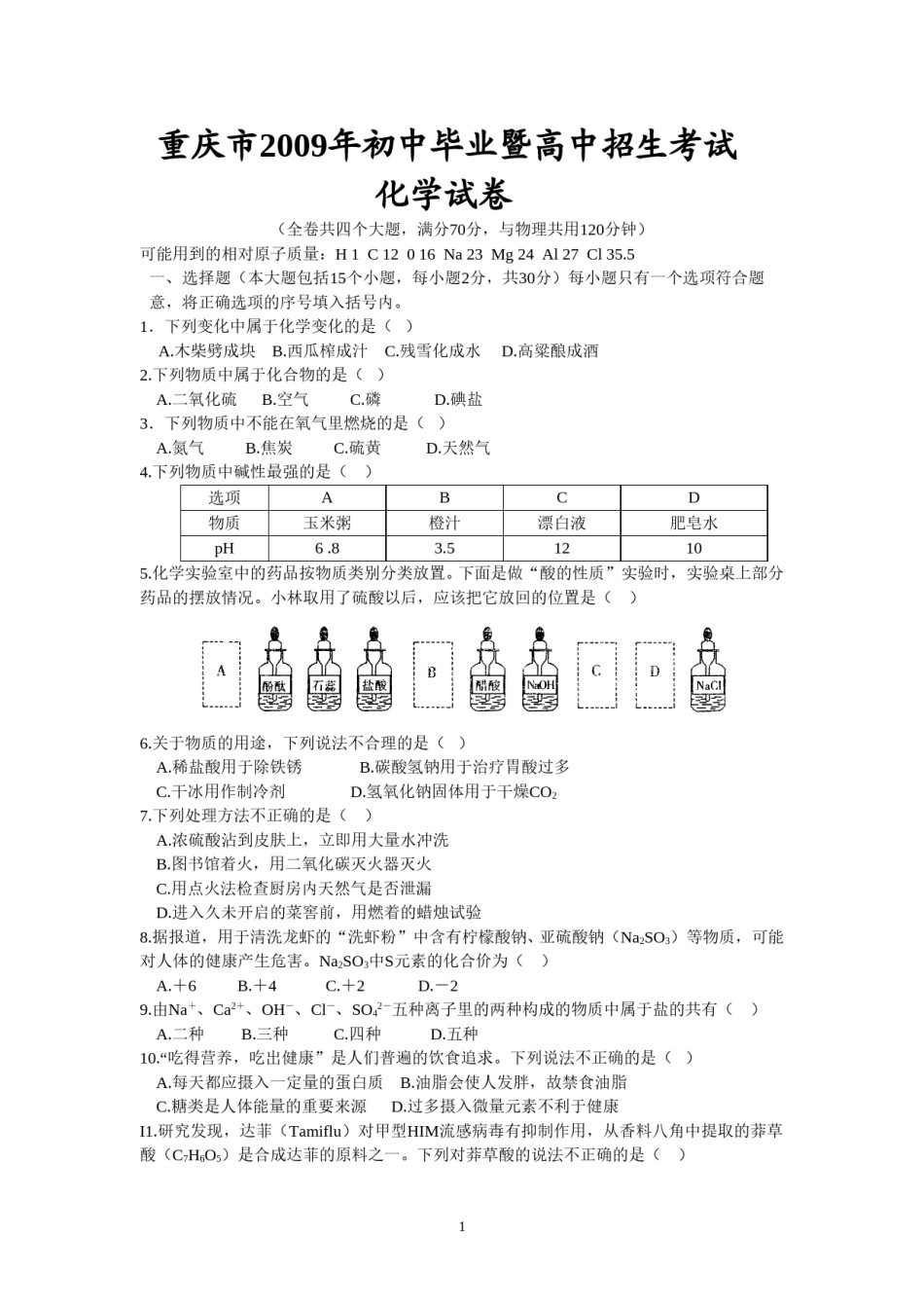 2009年重庆市中考化学试卷(含答案).doc_第1页
