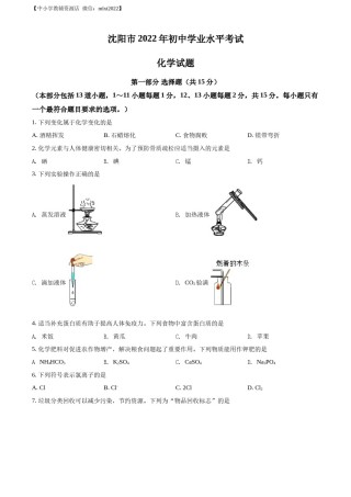 精品解析：2022年辽宁省沈阳市中考化学真题（原卷版）.docx