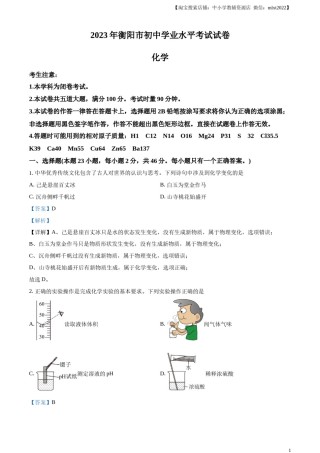 精品解析：2023年湖南省衡阳市中考化学真题（解析版）.docx