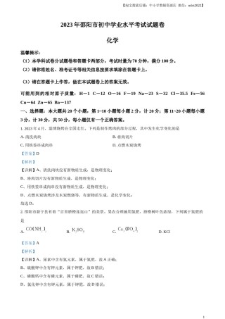 精品解析：2023年湖南省邵阳市中考化学真题（解析版）.docx