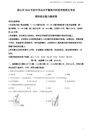 精品解析：2024年四川省眉山市中考化学真题（原卷版）.docx