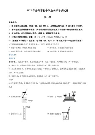 精品解析：2022年湖南省岳阳市中考化学真题（解析版）.docx