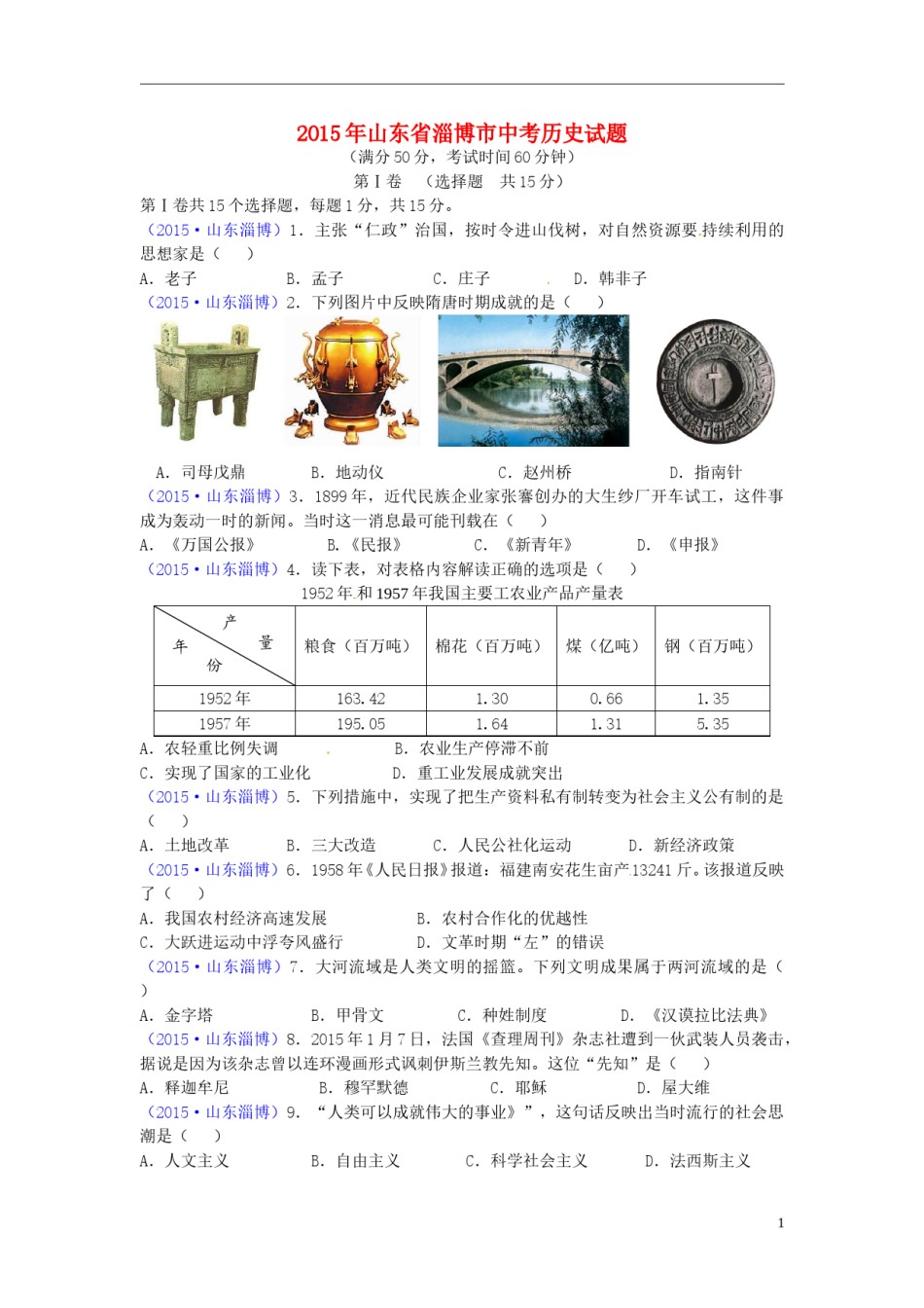 山东省淄博市2015年中考历史真题试题（含答案）.doc_第1页
