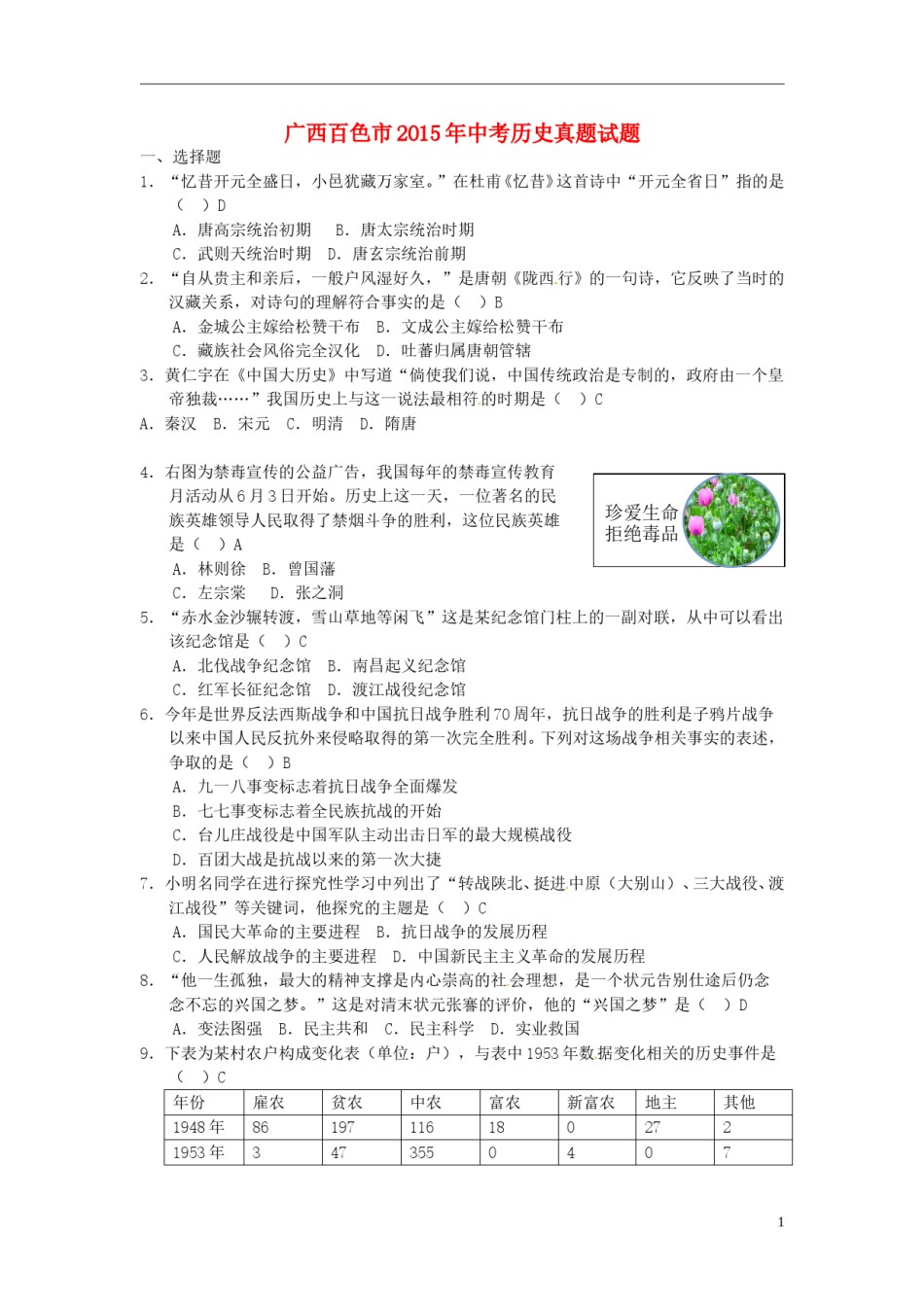 广西百色市2015年中考历史真题试题（含答案）.doc_第1页