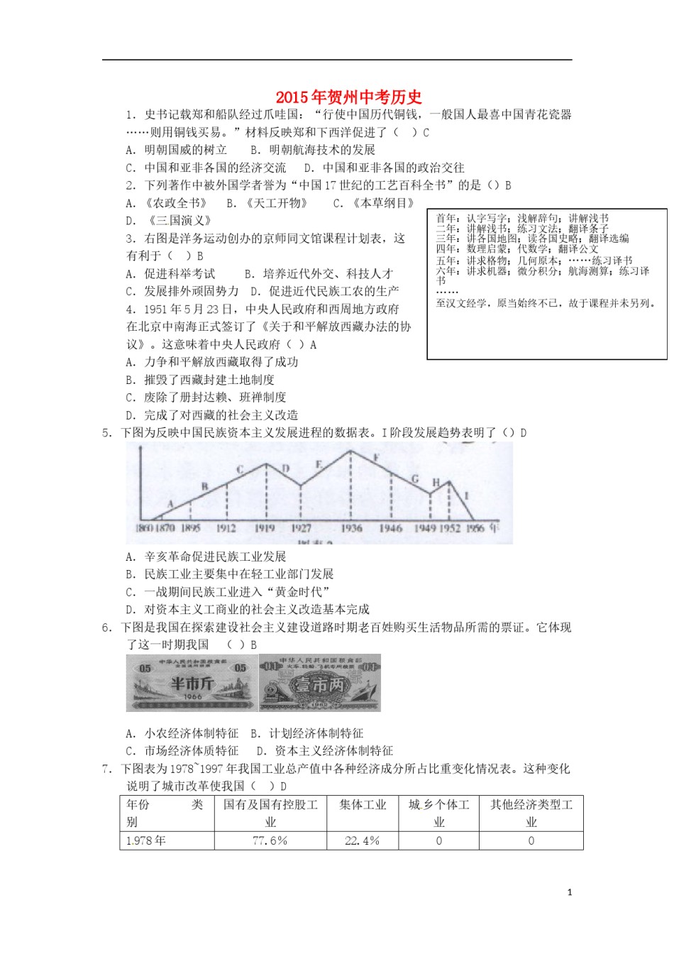 广西贺州市2015年中考历史真题试题（含答案）.doc_第1页