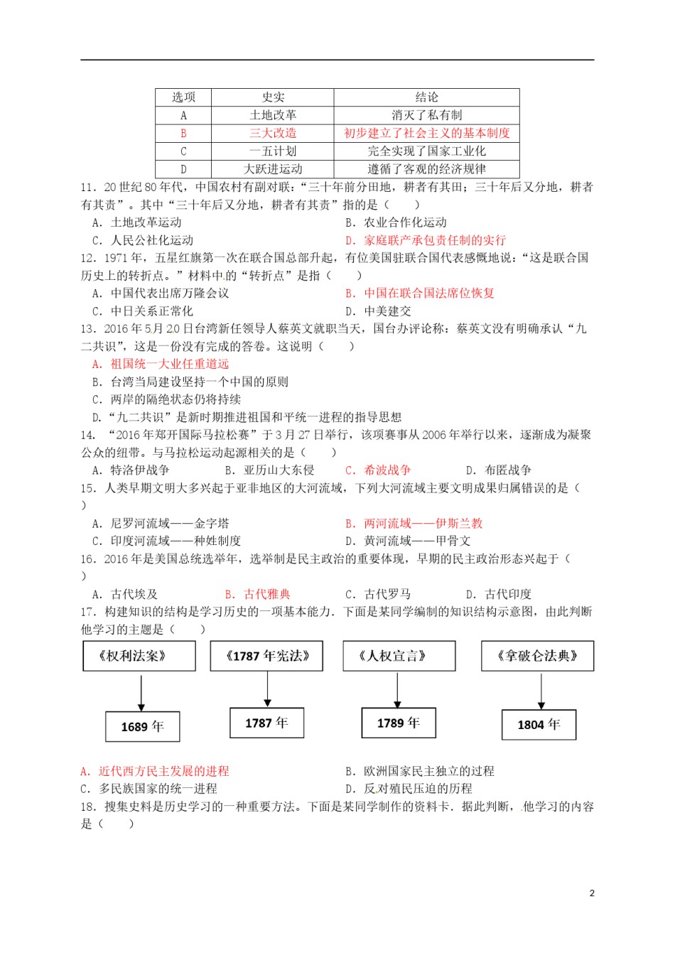 山东省烟台市2016年中考历史真题试题（含答案.doc_第2页