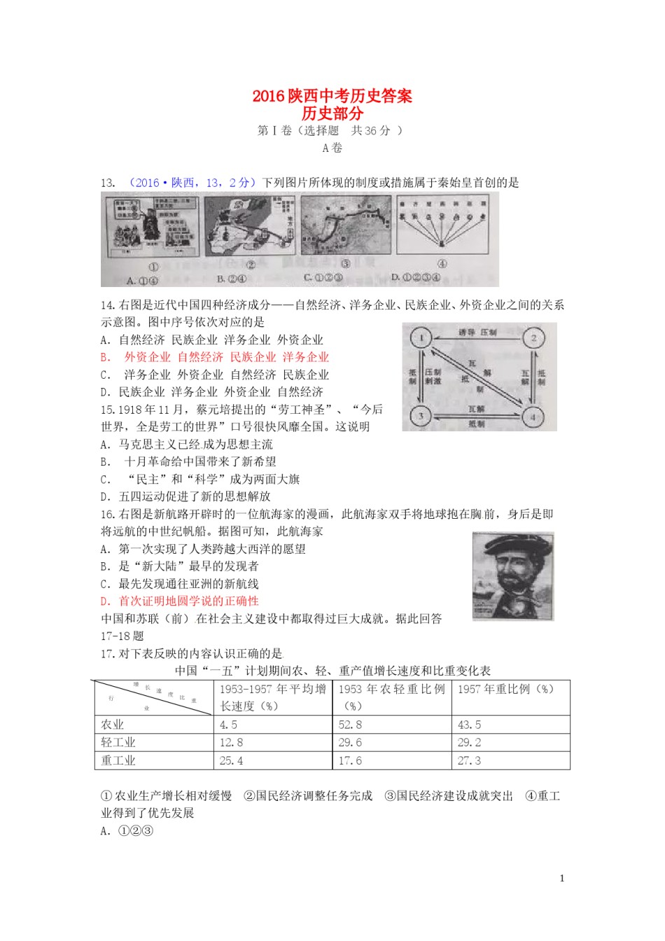 陕西省2016年中考历史真题试题（含答案）.doc_第1页