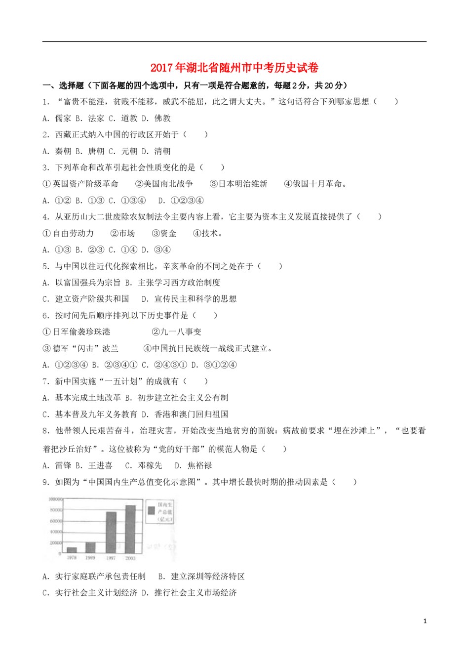 湖北省随州市2017年中考文综（历史部分）真题试题（含解析）.doc_第1页