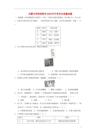 内蒙古呼和浩特市2018年中考历史真题试题（含答案）.doc