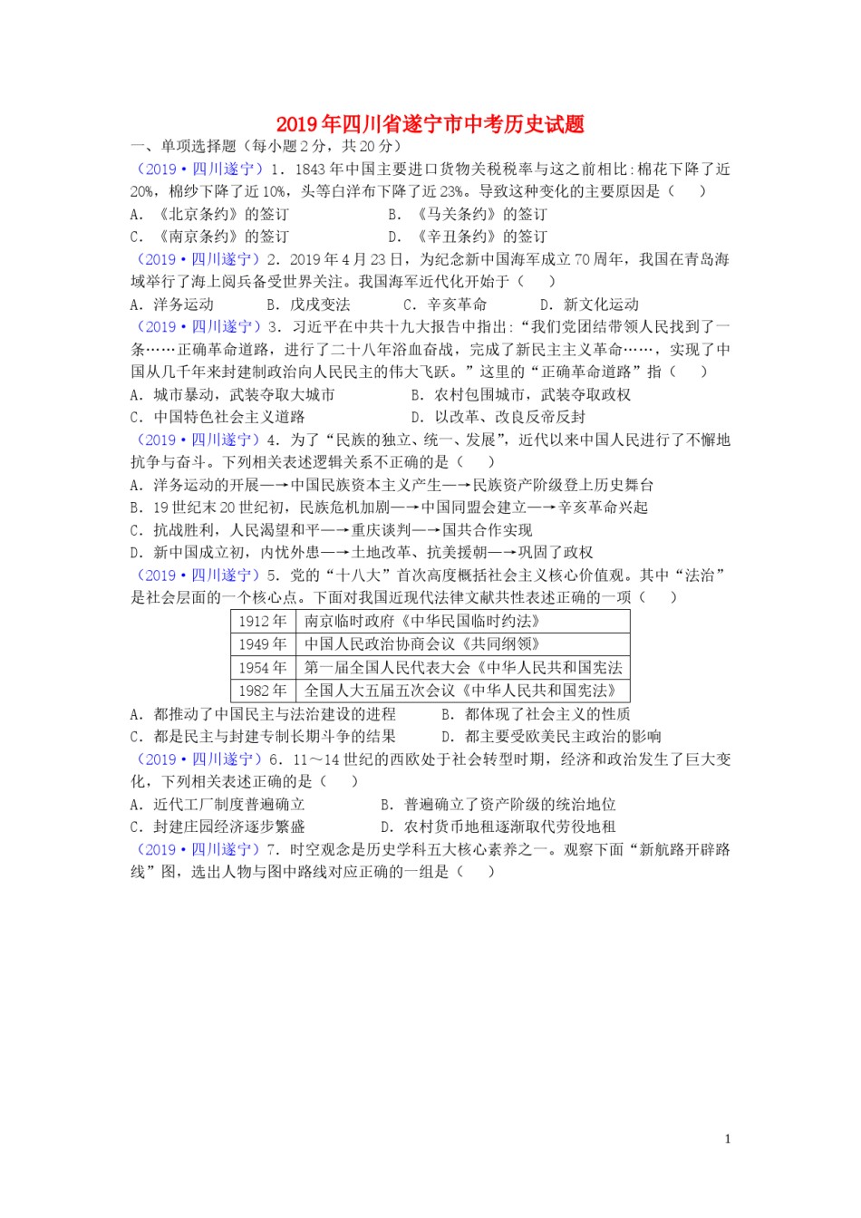 四川省遂宁市2019年中考历史真题试题.doc_第1页