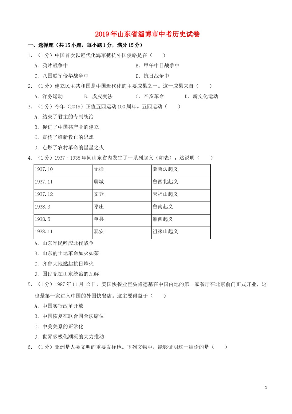 山东省淄博市2019年中考历史真题试题（含解析）.doc_第1页