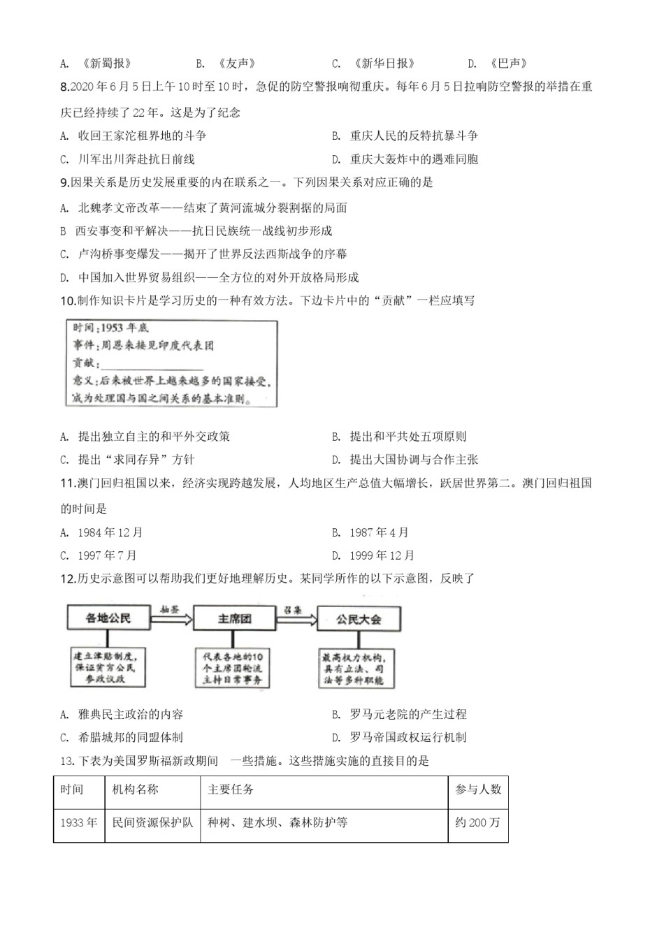精品解析：重庆市2020年中考历史试题(A卷)（原卷版）.doc_第2页
