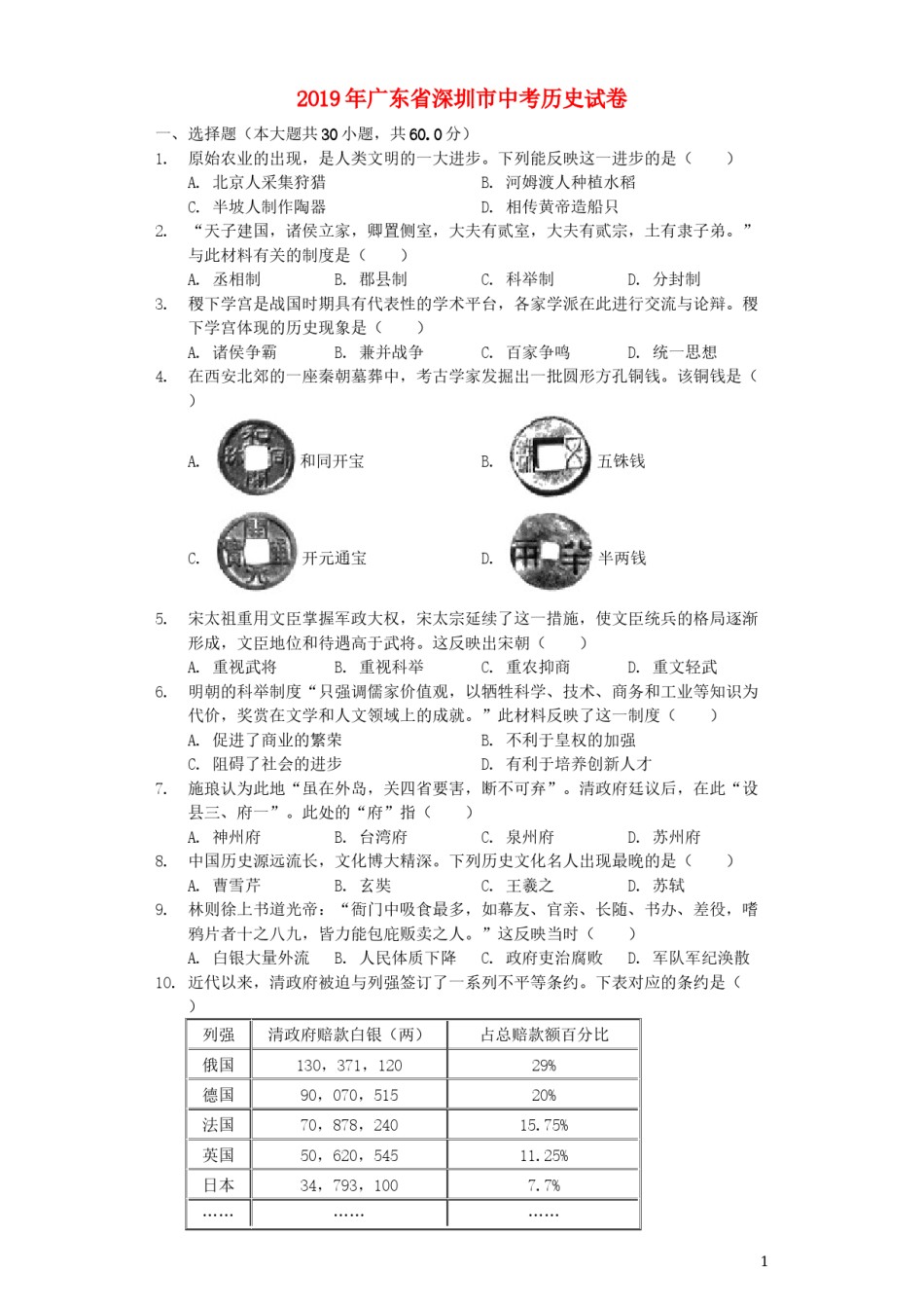 广东省深圳市2019年中考历史真题试题（含解析）.docx_第1页