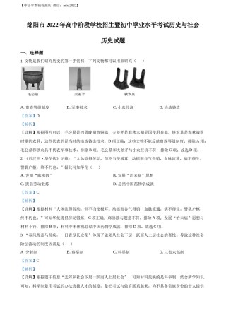 精品解析：2022年四川省绵阳市中考历史真题（解析版）.docx