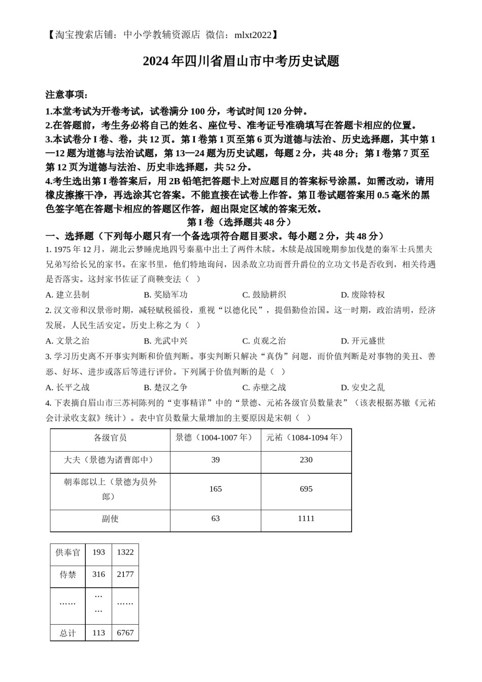 精品解析：2024年四川省眉山市中考文科综合试题-初中历史（原卷版）.docx_第1页
