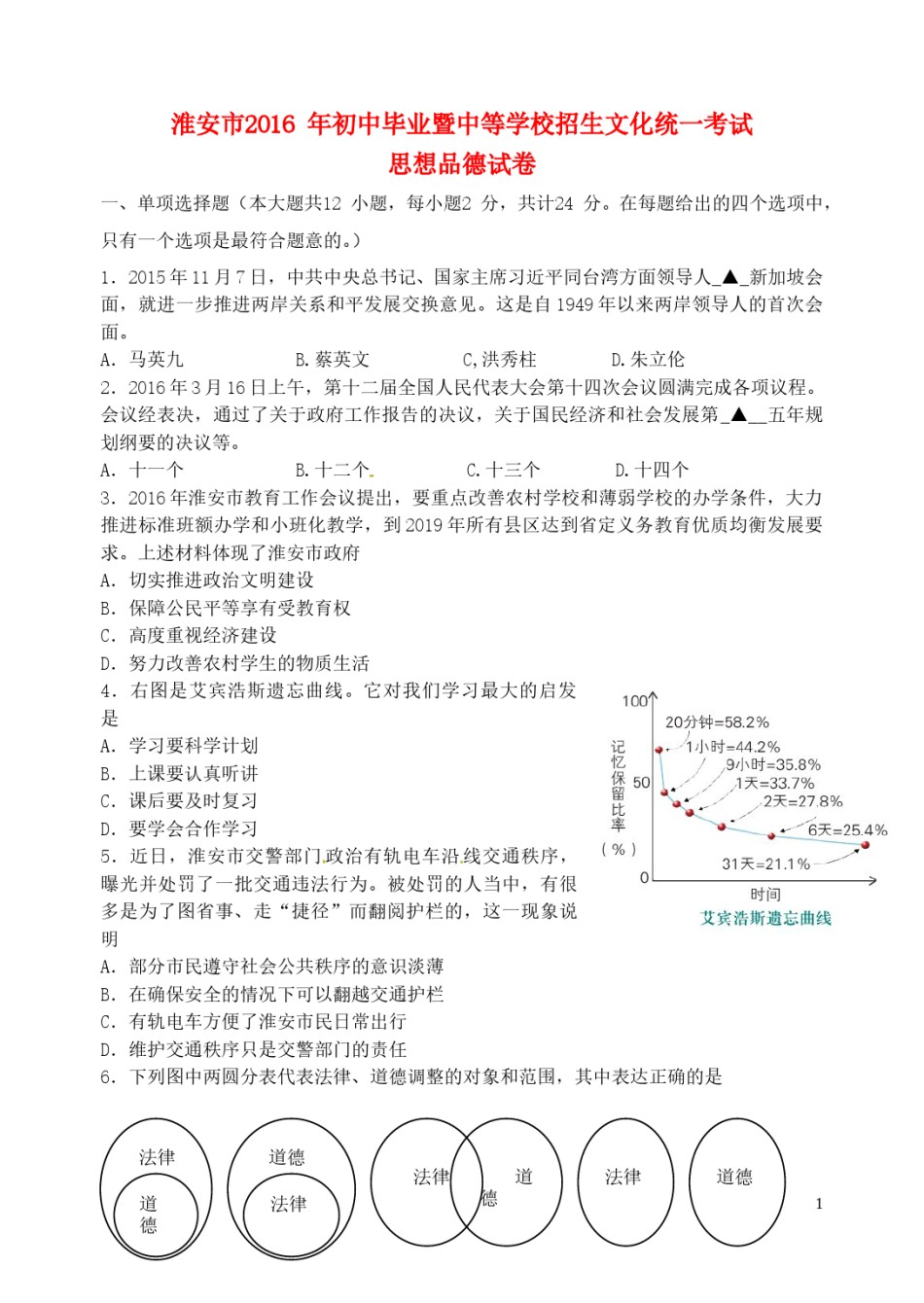 江苏省淮安市2016年中考政治真题试题（含答案）.doc_第1页