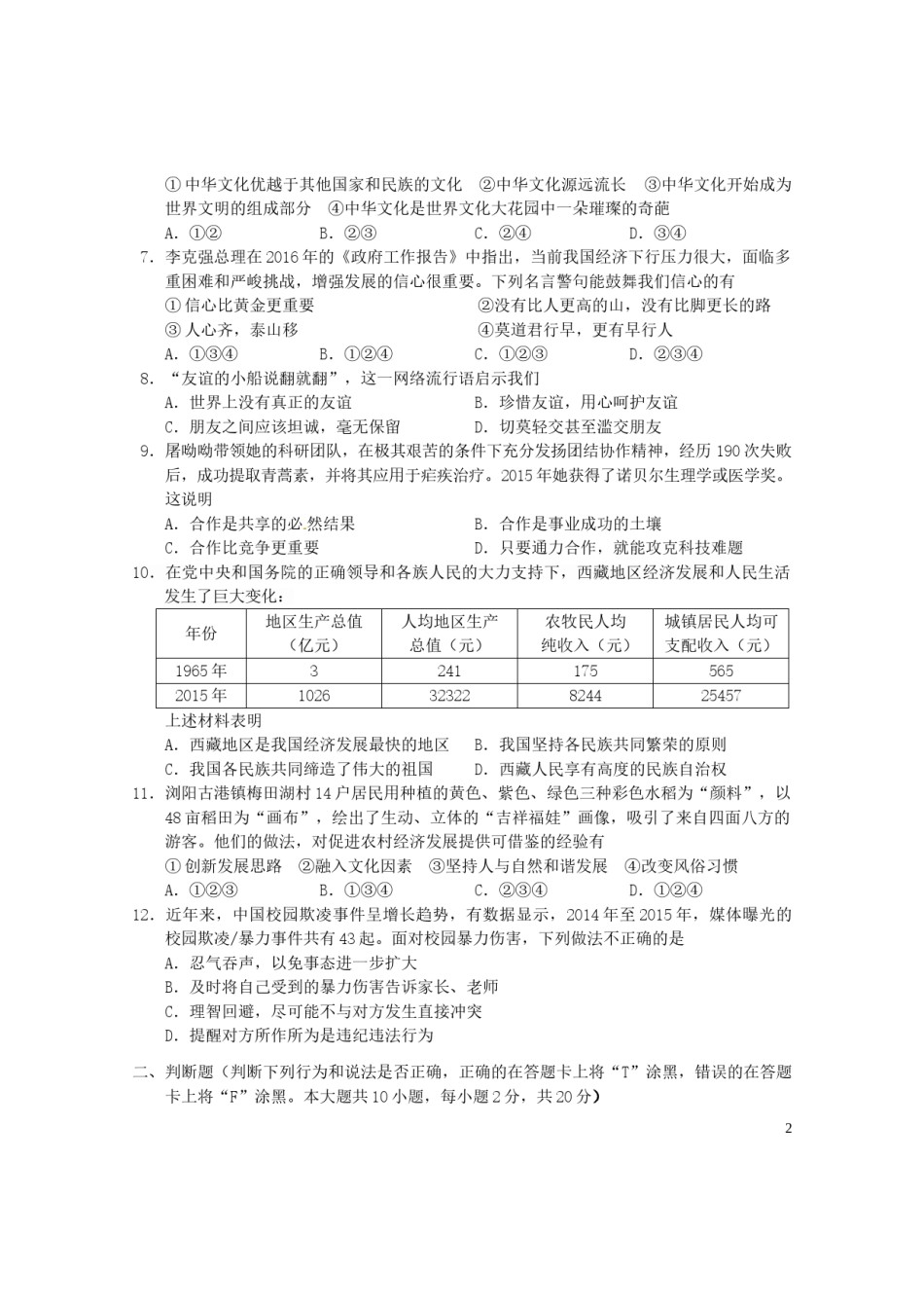 湖南省长沙市2016年中考文综（政治部分）真题试题（含扫描答案）.doc_第2页