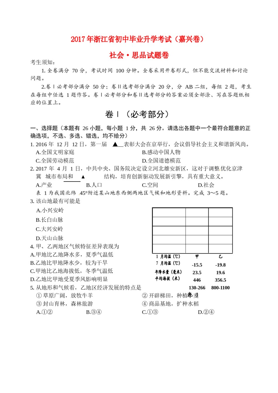 浙江省嘉兴市2017年中考社会思品真题试题（含答案）.doc_第1页