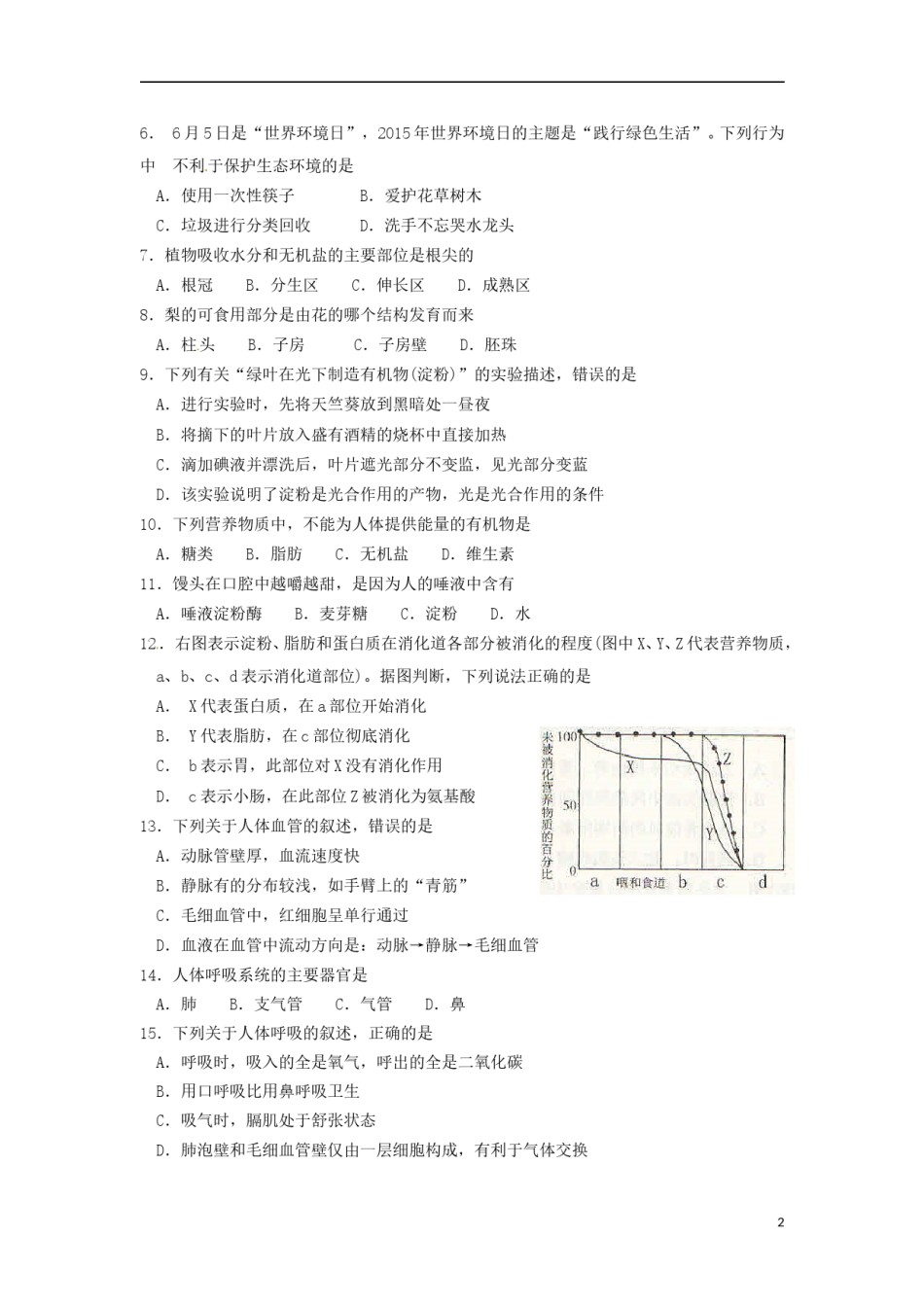 云南省2015年中考生物真题试题（含扫描答案）.doc_第2页