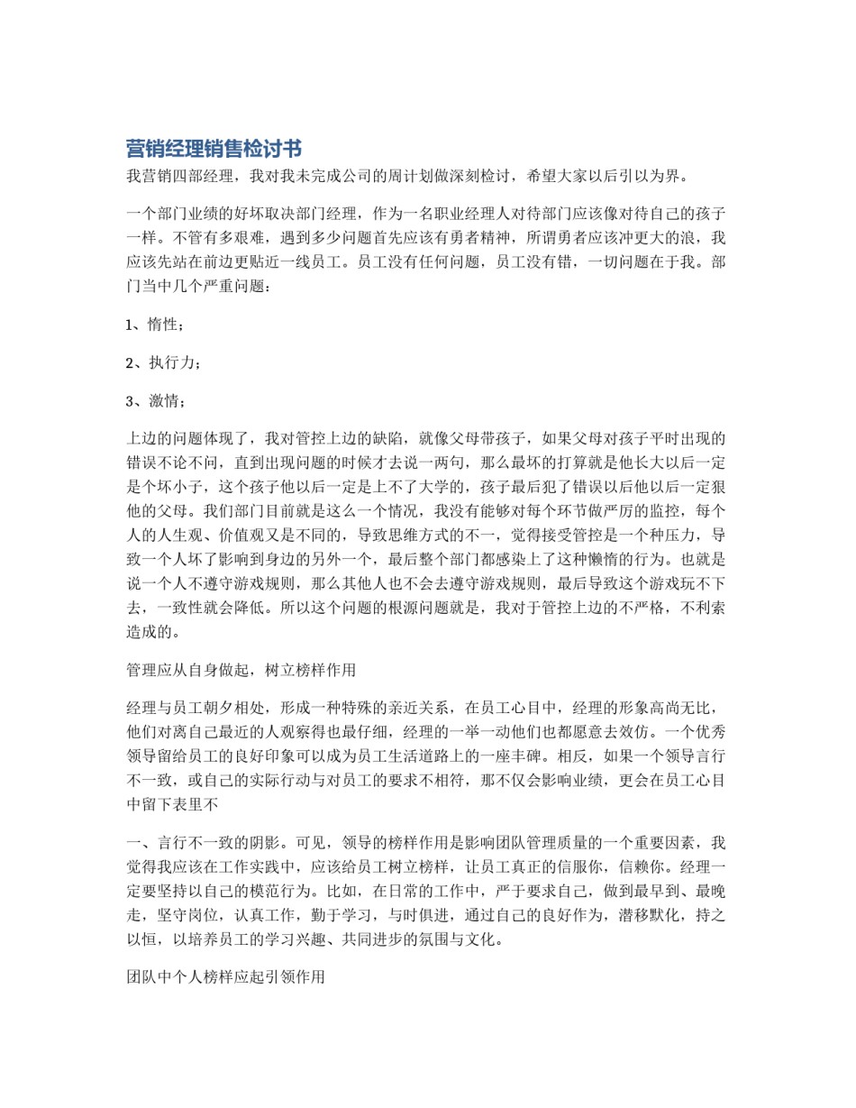营销经理销售检讨书_第1页
