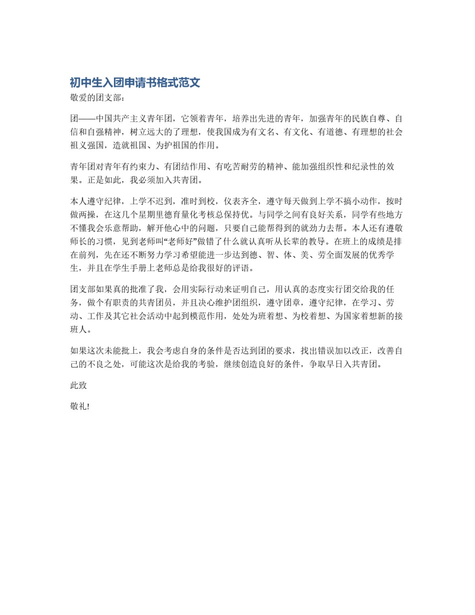 初中生入团申请书格式范文_第1页