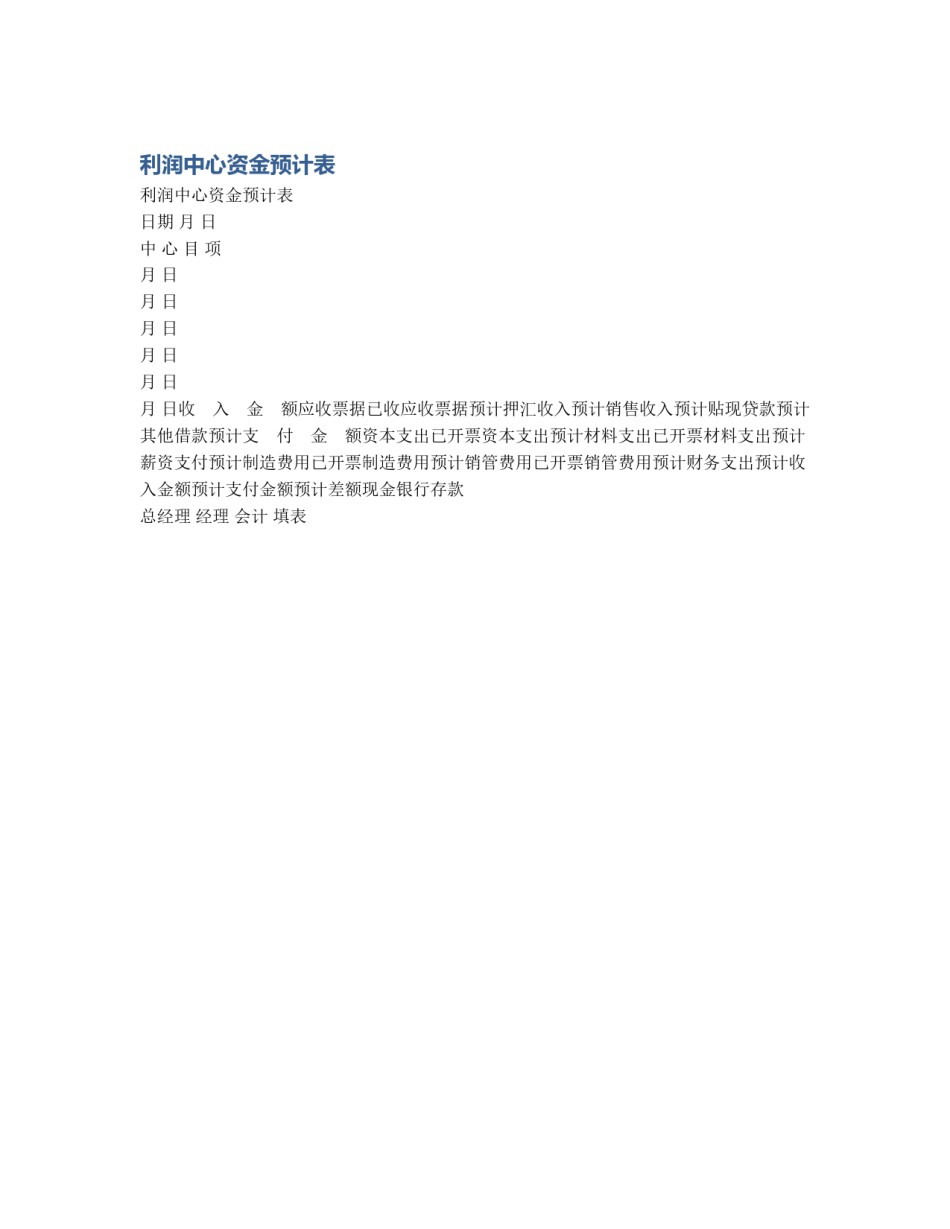利润中心资金预计表_第1页