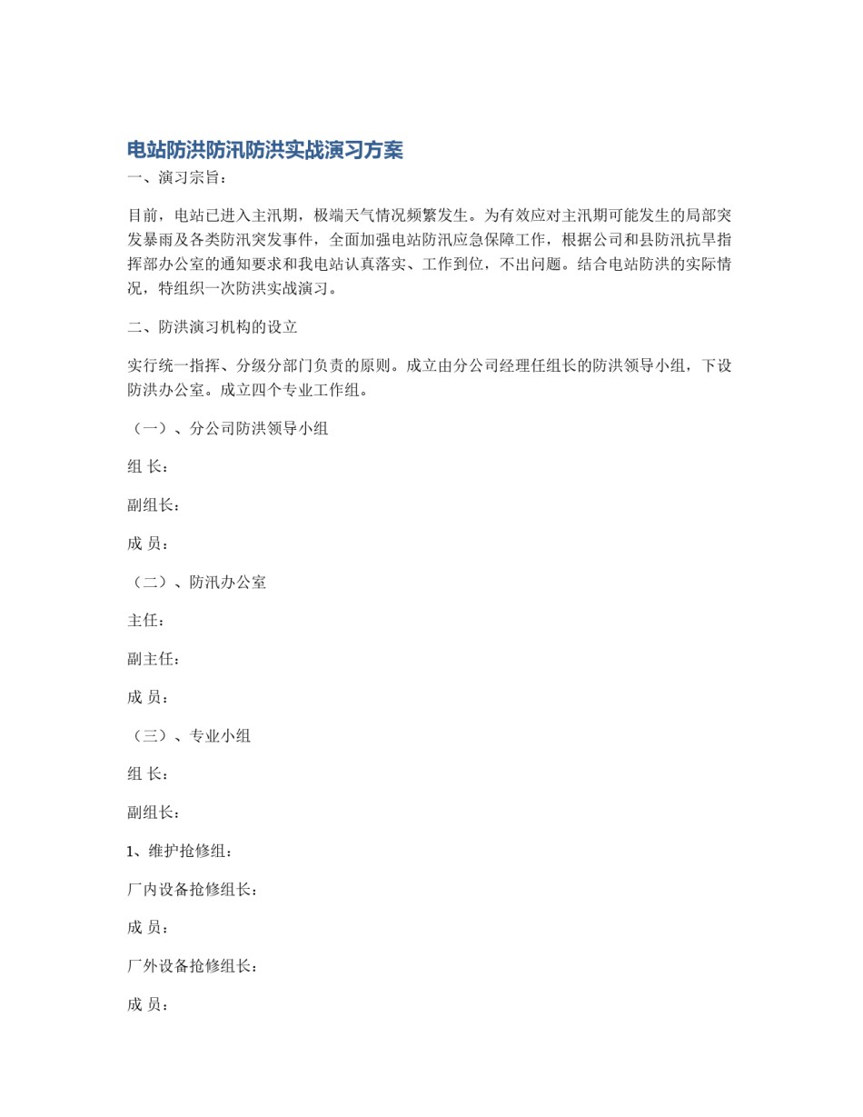 电站防洪防汛防洪实战演习方案_第1页