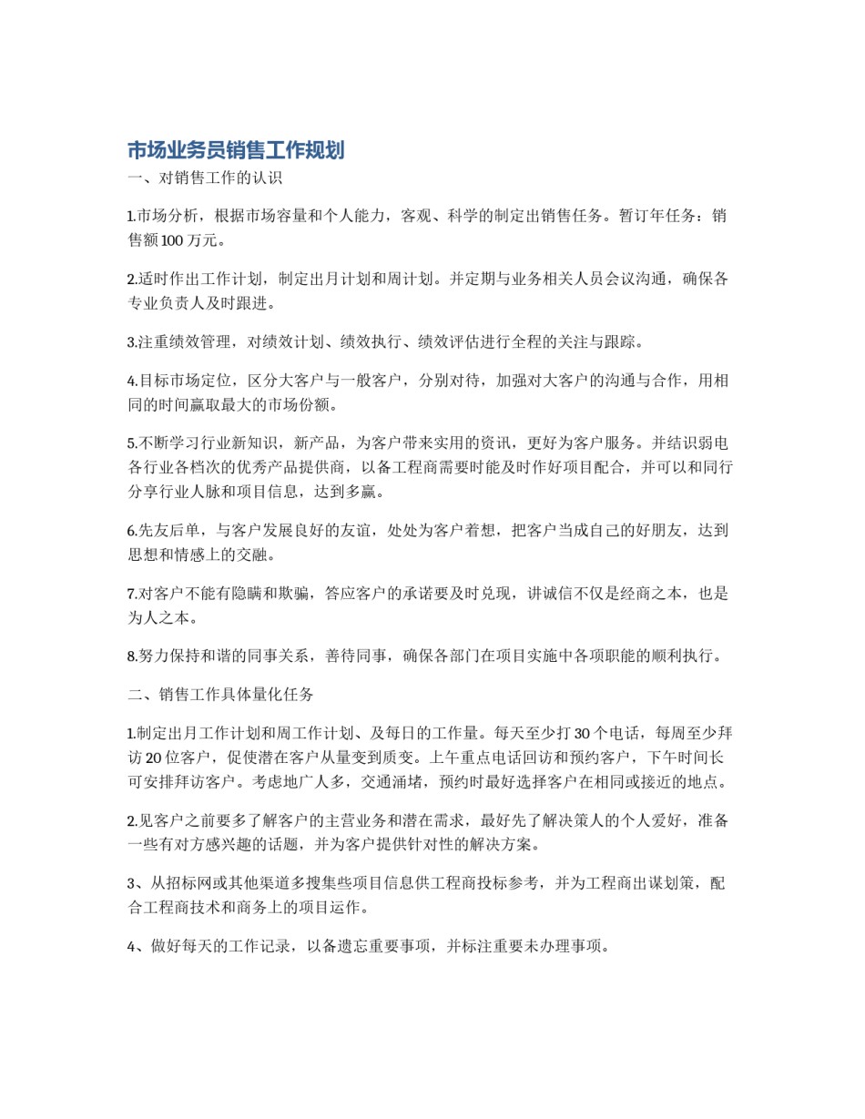 市场业务员销售工作规划_第1页