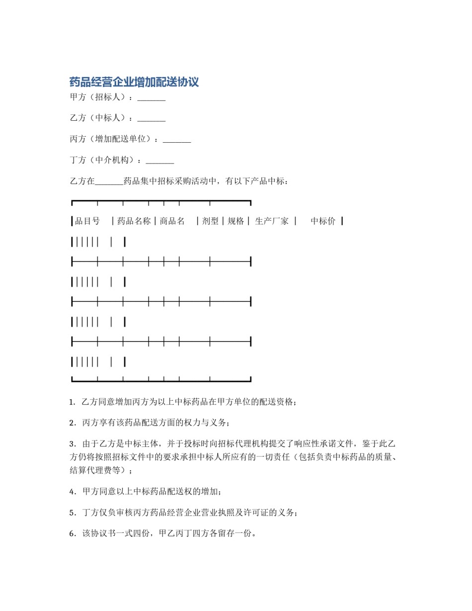 药品经营企业增加配送协议_第1页