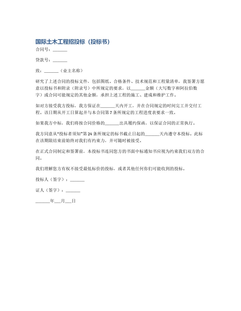 国际土木工程招投标（投标书）_第1页