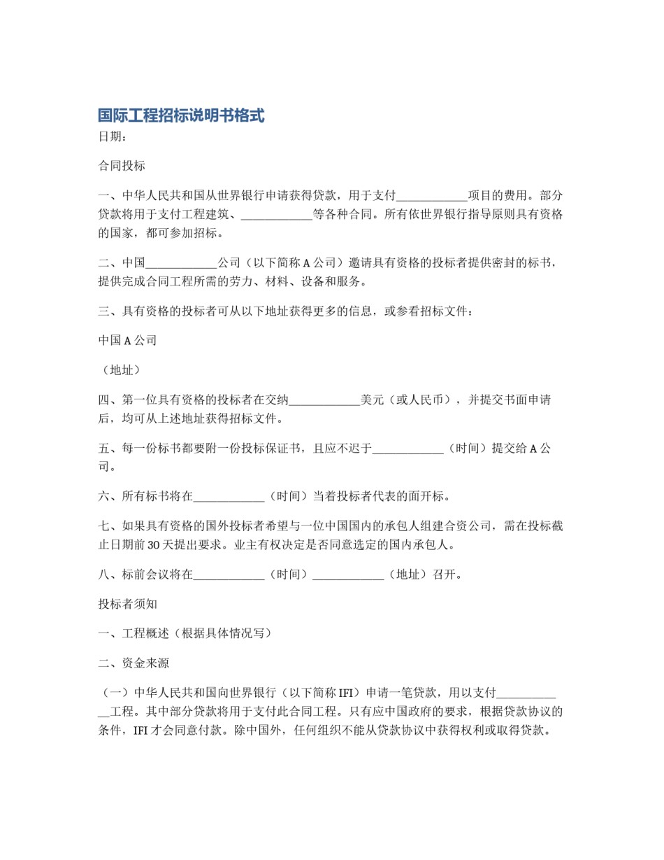 国际工程招标说明书格式_第1页