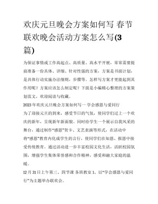 欢庆元旦晚会方案如何写 春节联欢晚会活动方案怎么写(3篇)