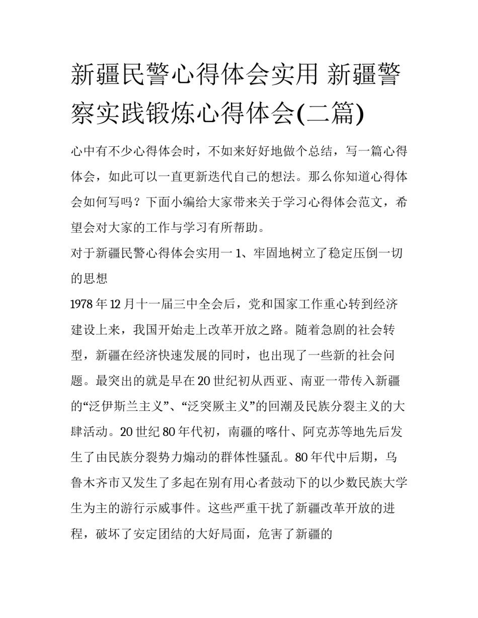 新疆民警心得体会实用 新疆警察实践锻炼心得体会(二篇)_第1页
