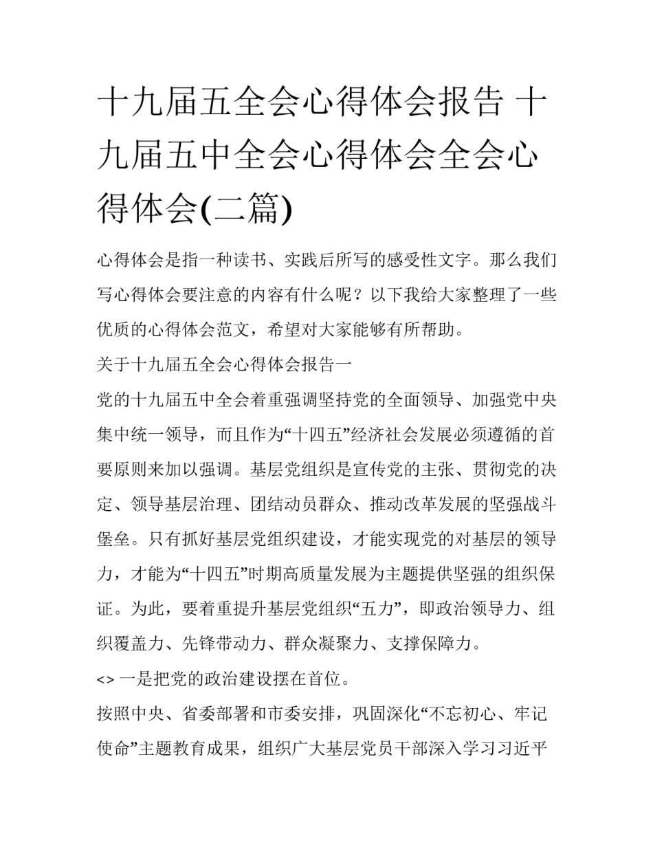 十九届五全会心得体会报告 十九届五中全会心得体会全会心得体会(二篇)_第1页