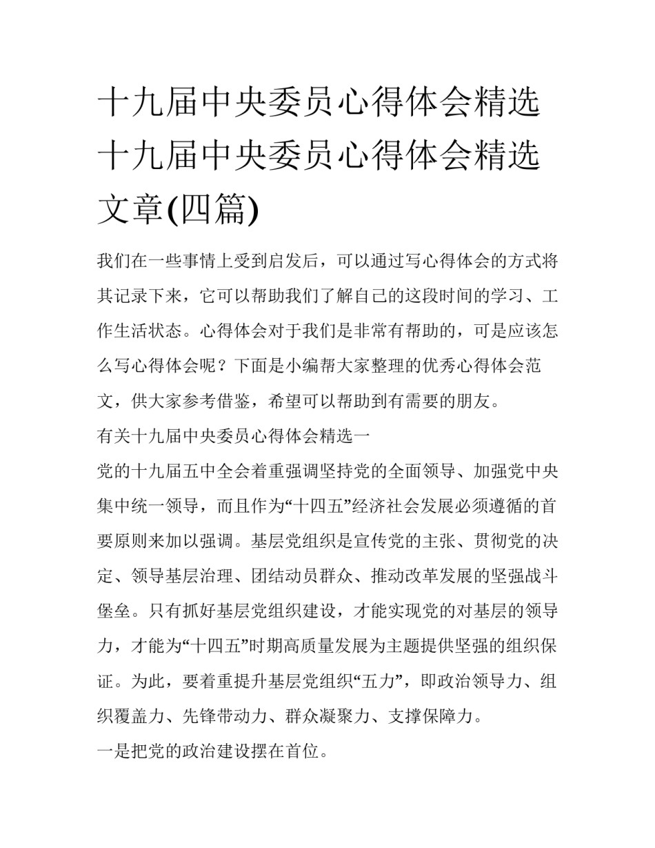 十九届中央委员心得体会精选 十九届中央委员心得体会精选文章(四篇)_第1页
