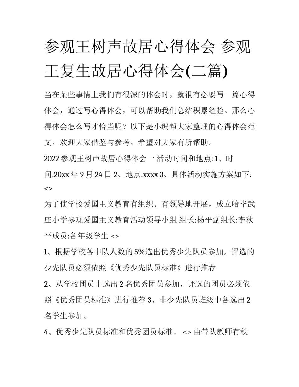 参观王树声故居心得体会 参观王复生故居心得体会(二篇)_第1页