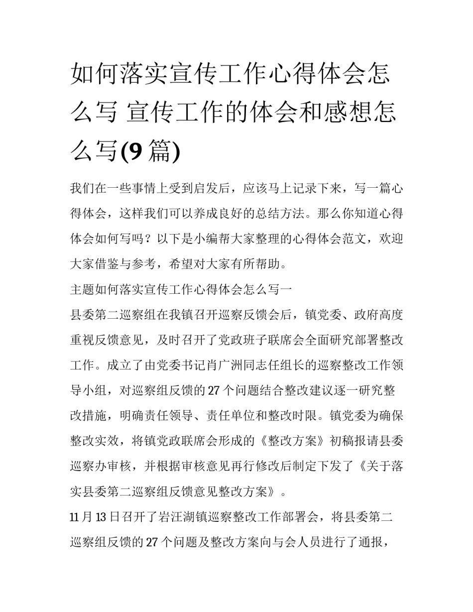 如何落实宣传工作心得体会怎么写 宣传工作的体会和感想怎么写(9篇)_第1页