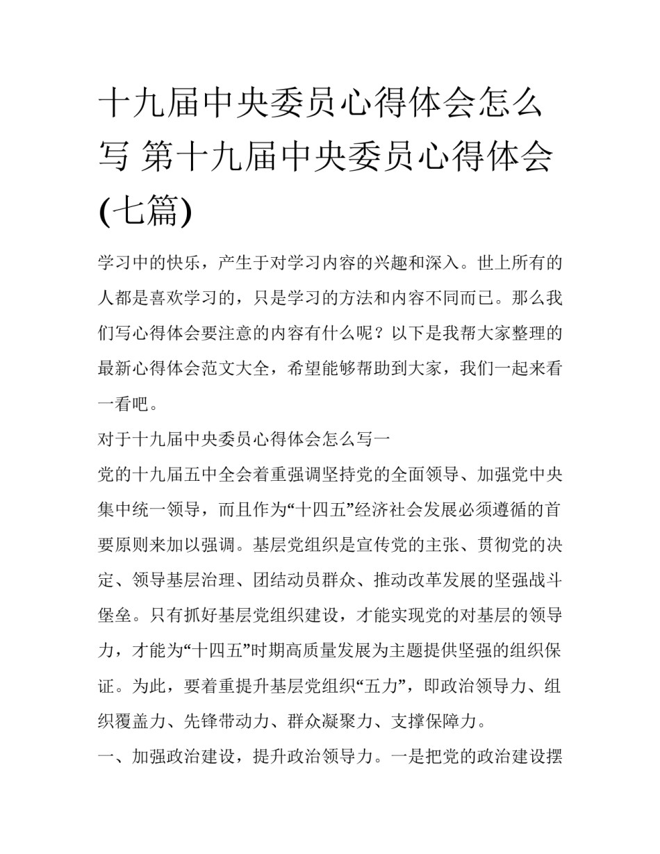 十九届中央委员心得体会怎么写 第十九届中央委员心得体会(七篇)_第1页