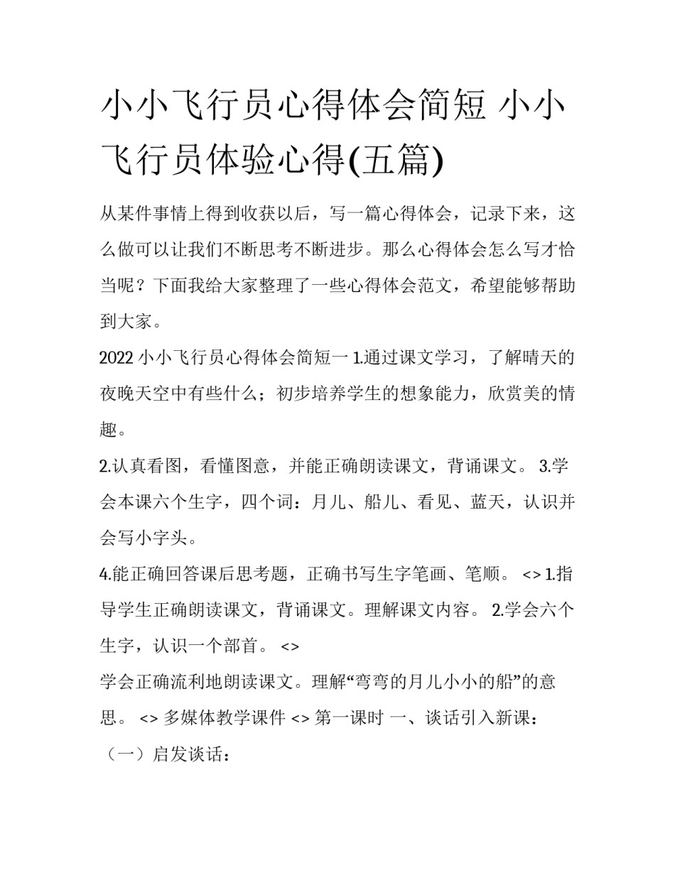 小小飞行员心得体会简短 小小飞行员体验心得(五篇)_第1页