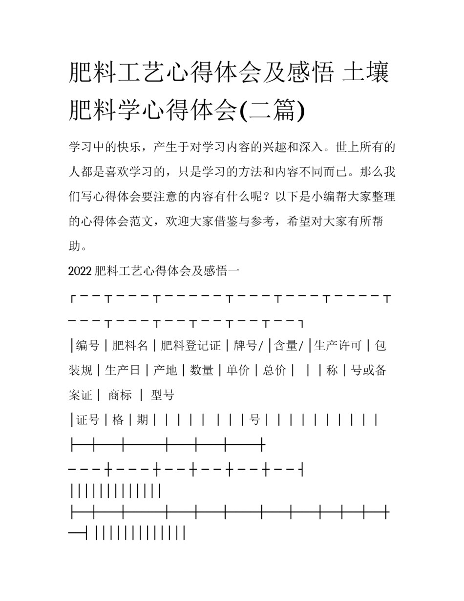 肥料工艺心得体会及感悟 土壤肥料学心得体会(二篇)_第1页